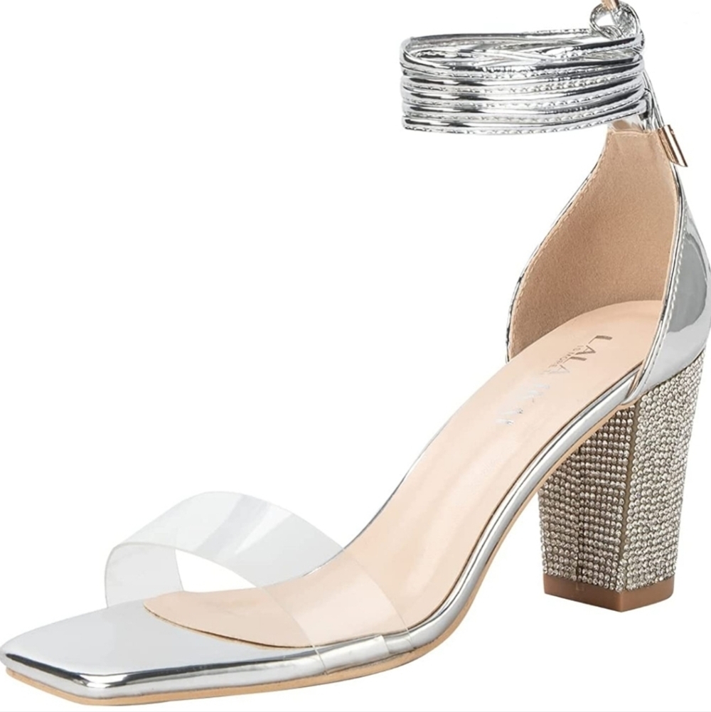 Lala Ikia Rhinestone Ankle Strap Chunky Heels/Sandals Size 8.5